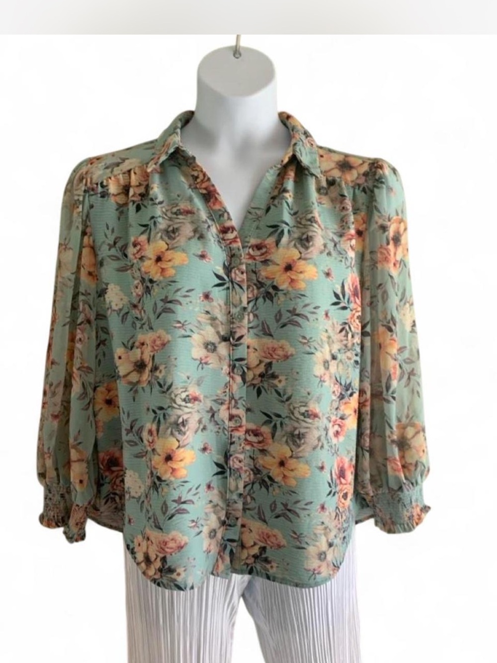 Cottagecore Cato Mint Green Floral Button-Front Blouse size XL